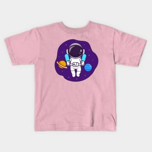 Cute Astronaut Floating In Space With Popsicle Ice Cream Cartoon Kids T-Shirt